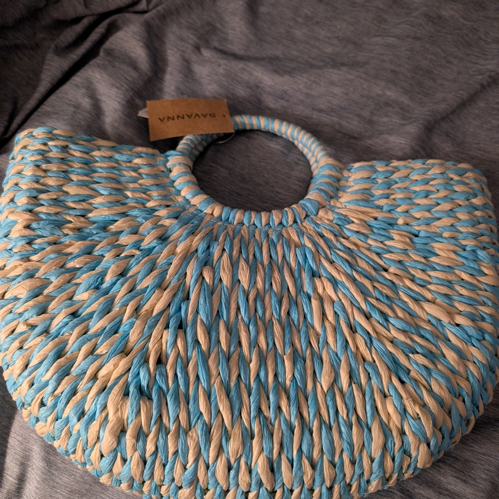 Savannah Blue and Cream Tote Bag with Woven Texture